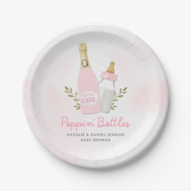 Plato De Papel Botellas de Poppin Chica Baby Shower Rosa (Anverso)