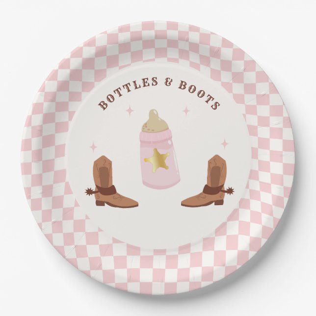 Plato De Papel Botellas retro y boots Cowgirl Baby Shower (Anverso)