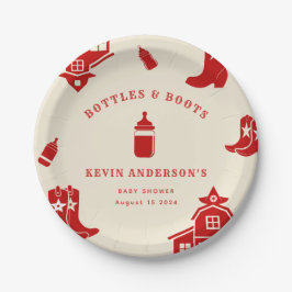 Plato De Papel Botellas y boots Cowboy Retro Red Baby Shower