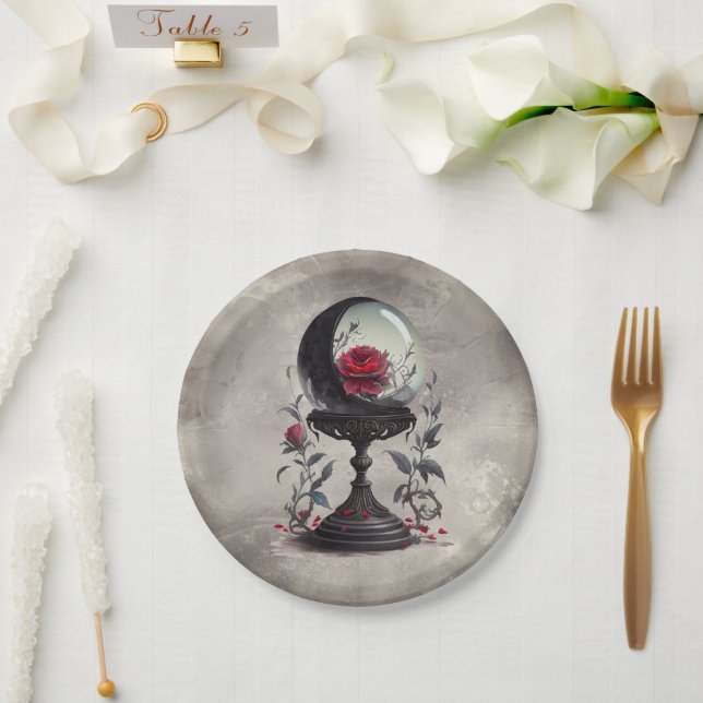 Plato De Papel Boudoir | Crystal Ball Crescent Moon Roses rojos (Boda)