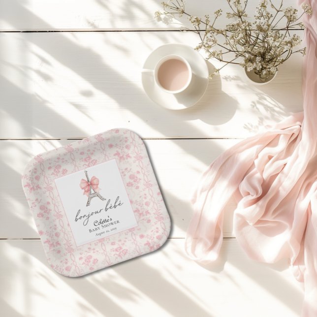 Plato De Papel Boujour Bebe Paris Francés Toile Pink Baby Shower (Bon Jour Bebe Baby Shower  Paper Plate )