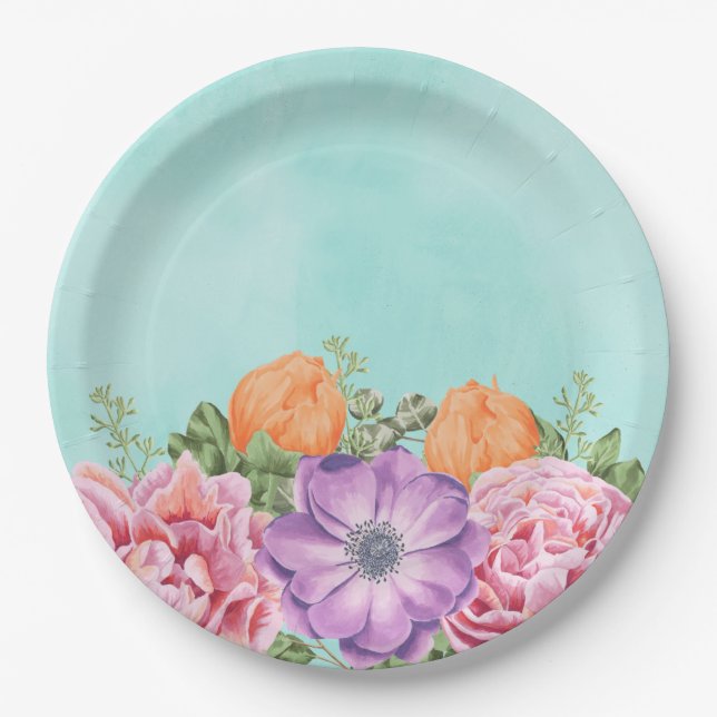 Plato De Papel Bouquet de acuarela Flores Pink Purple Naranja (Anverso)