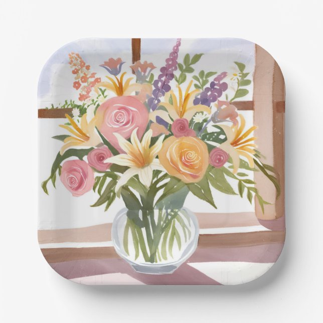 Plato De Papel Bouquet de flores de primavera | Tarjeta floral de (Anverso)