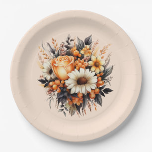 Plato De Papel Bouquet de flores grises amarillas naranjas