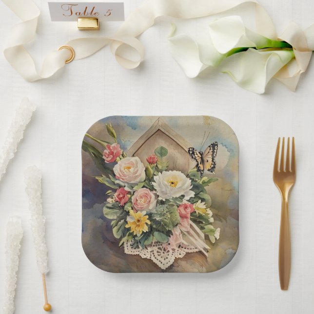 Plato De Papel Bouquet de la casa de pájaros - Placa de papel (Boda)
