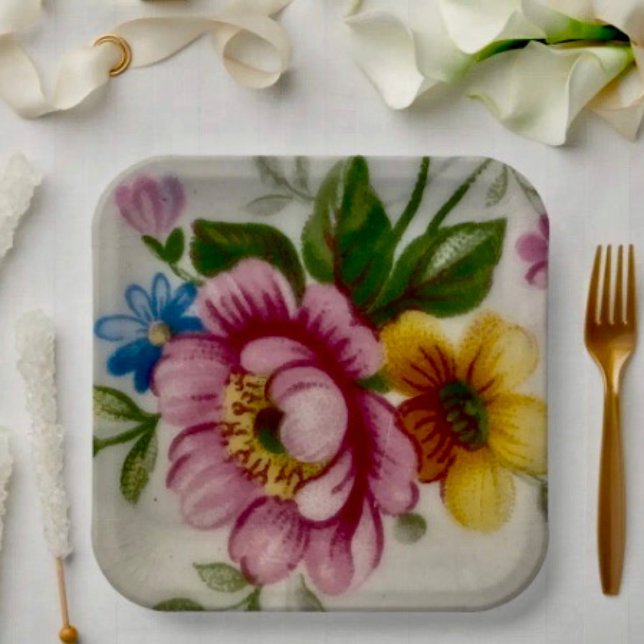 Plato de papel Bouquet Floral de Taza de Té ( Paper Plates Durable paper stock FDA compliant food safety. 
)