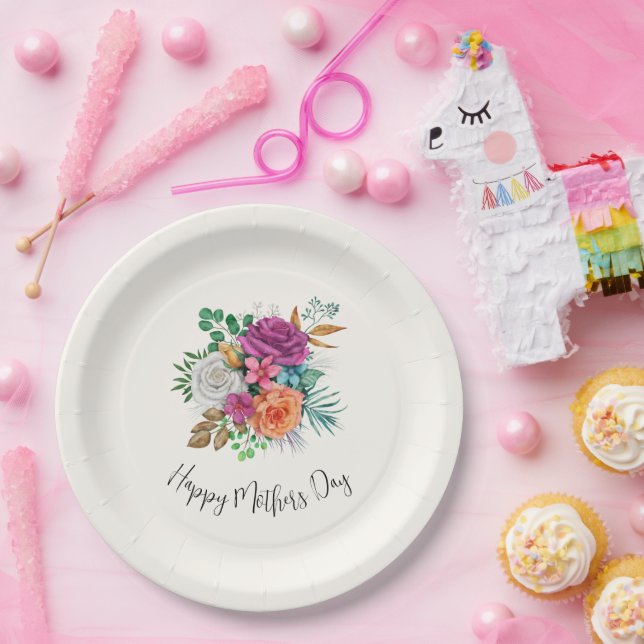 Plato De Papel Bouquet floral rosa, Naranja y rosas blancas (Fiesta)