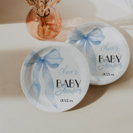 Plato De Papel Bow azul mano con guión corto para bebé niño ducha