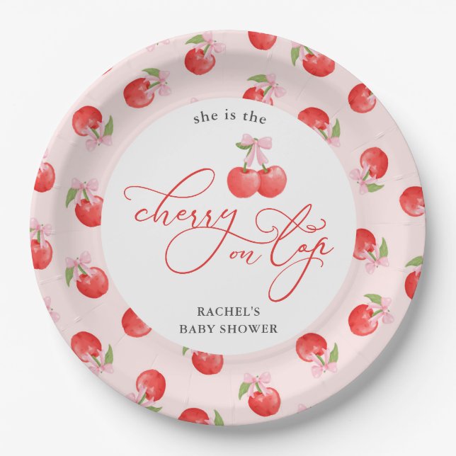 Plato De Papel Bow Cherry en Top Baby Girl Shower (Anverso)