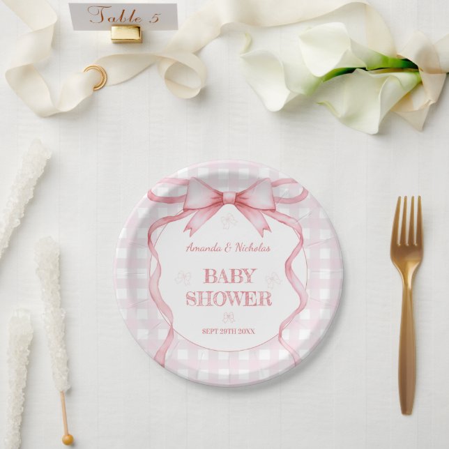Plato De Papel Bow Gingham Baby Shower (Boda)