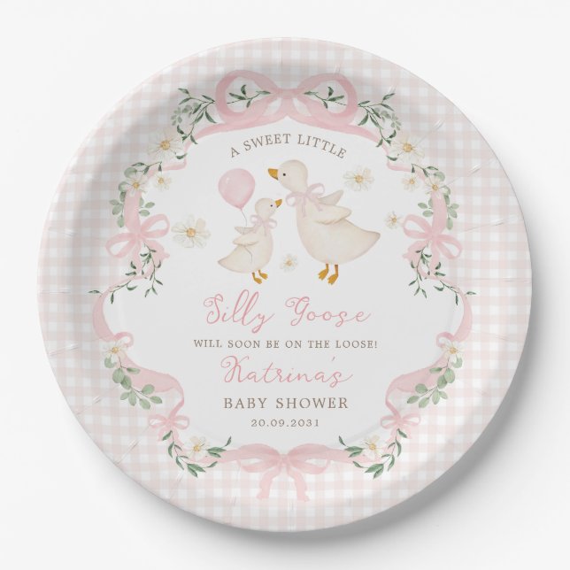Plato De Papel Bow Gingham Chica Baby Shower (Anverso)