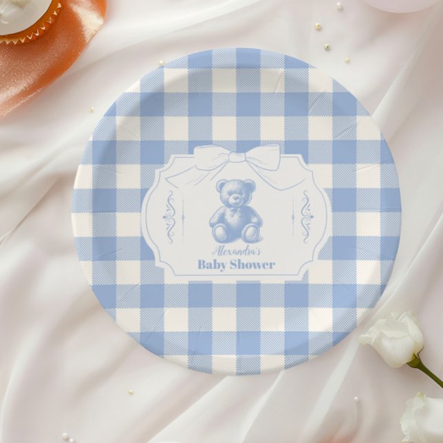 Plato De Papel Bow Gingham French Teddy Bear Baby Shower (Subido por el creador)