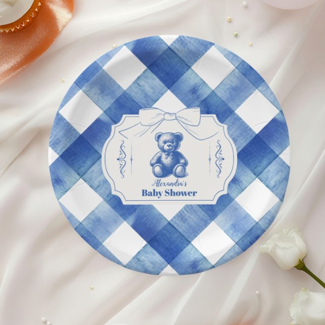 Plato De Papel Bow Gingham French Teddy Bear Baby Shower (Subido por el creador)