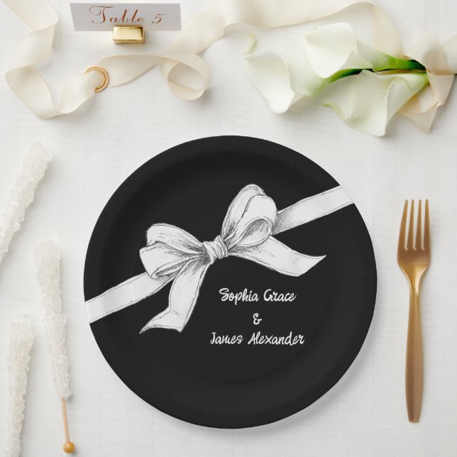 Plato De Papel Bow negro y blanco | Boda elegante | Monocromo (Boda)