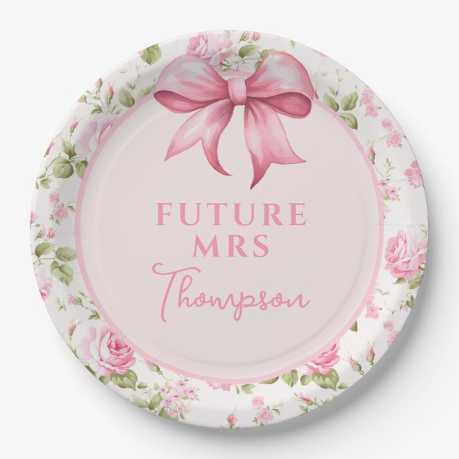 Plato De Papel Bow rosa Coquette Bridal Shower | Futura Sra. (Anverso)