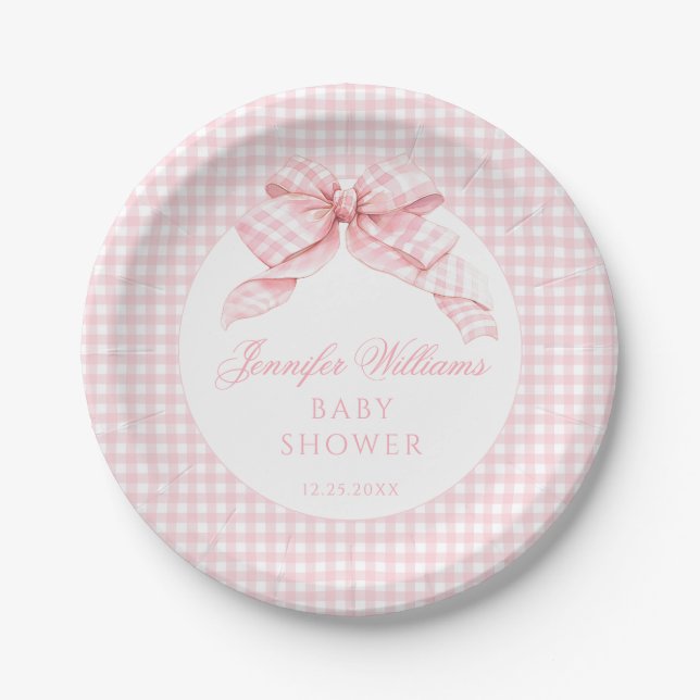 Plato De Papel Bow Rosa Cute Gingham Baby Shower (Anverso)