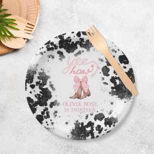 Plato De Papel Bow rosa y Cowgirl Boots Coquette Western Birday
