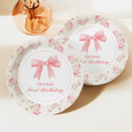 Plato De Papel Bow rosa y Rosas Coquette primer cumpleaños