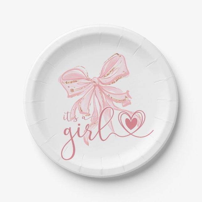 Plato De Papel Bow rosado Es un Baby Shower Chica (Anverso)