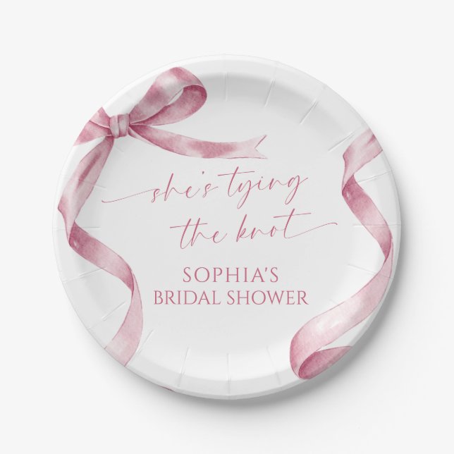 Plato De Papel Bow rosado está atando la ducha nupcial (Anverso)