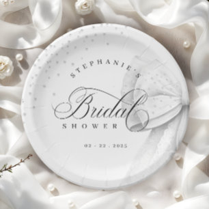 Plato De Papel Bow White Pearls Bridal Shower