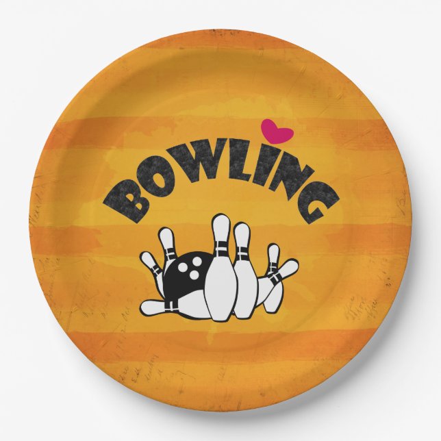 Plato De Papel Bowling de amor - boliche de B&W y bolas (Anverso)