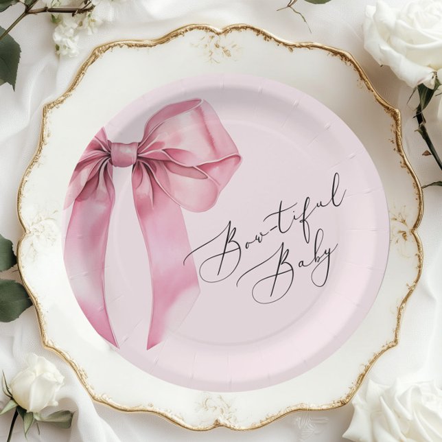 Plato De Papel Bowtiful Baby Pink Bow Baby Shower (Subido por el creador)