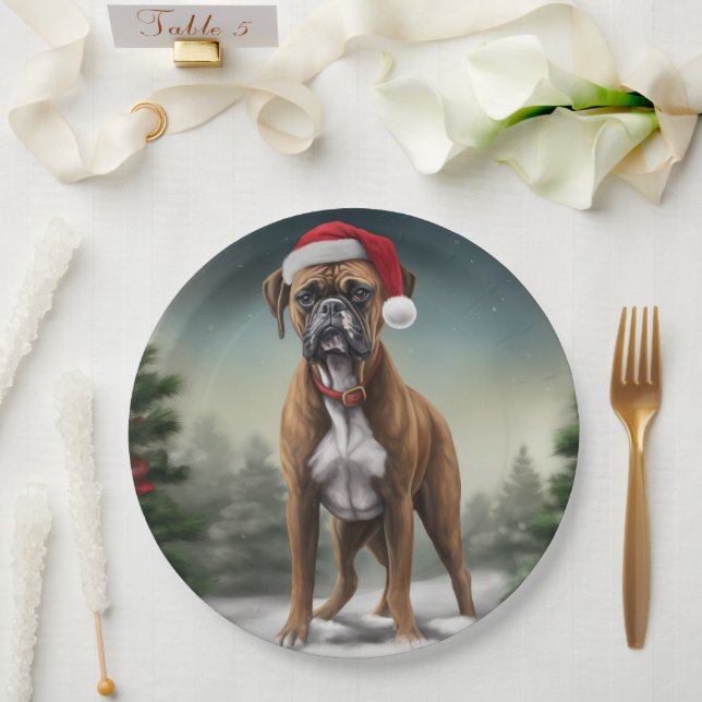 Plato De Papel Boxer Dog en Navidad con Nieve  (Boda)