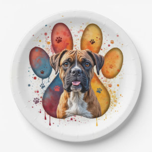 Plato De Papel Boxer Dog In Watercolor Pawprint