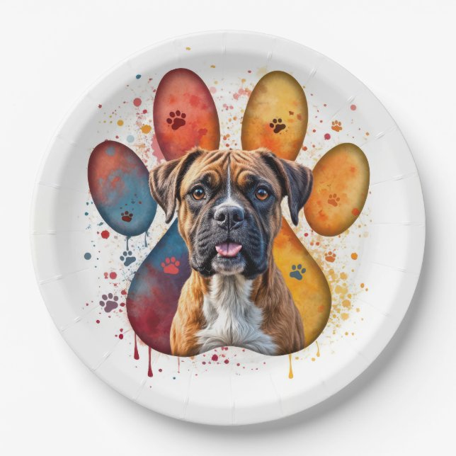 Plato De Papel Boxer Dog In Watercolor Pawprint (Anverso)