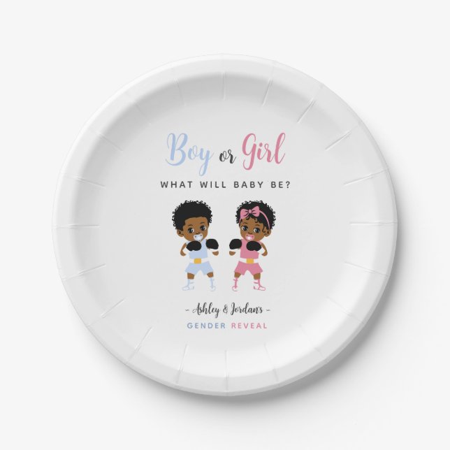 Plato De Papel Boxing Baby Pink Blue Gender Reveal Paper Plates (Anverso)
