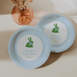 Plato De Papel Boxwood azul y blanco Bunny Boy Baby Shower Fiesta