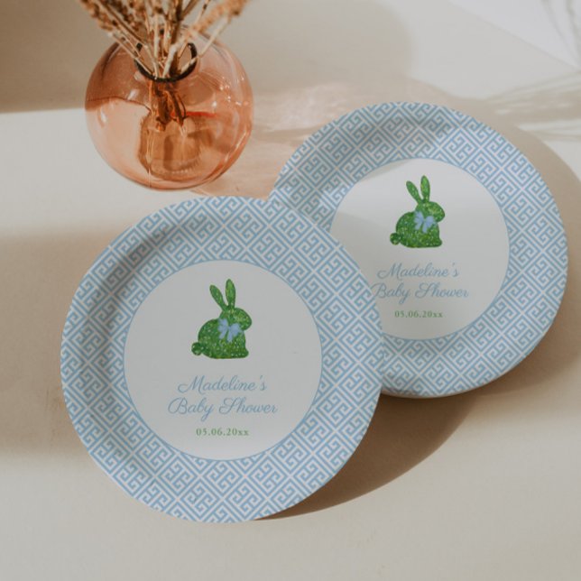 Plato De Papel Boxwood azul y blanco Bunny Boy Baby Shower Fiesta (Preppy blue and white boxwood bunny baby boy shower or boy 1st birthday baptism party paper plates)