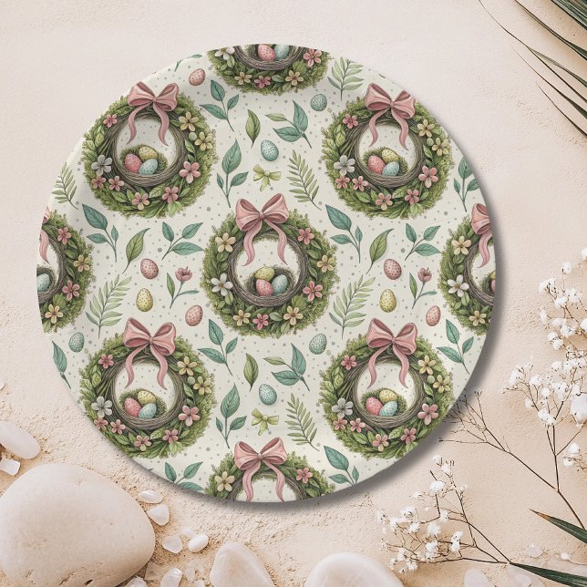 Plato De Papel Boxwood Easter Wreath Pink Bow with Egg (Subido por el creador)