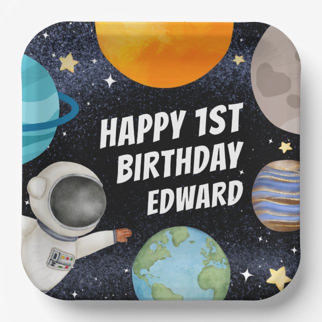 Plato De Papel Boy 1 Happy Birthday Planets Space (Anverso)