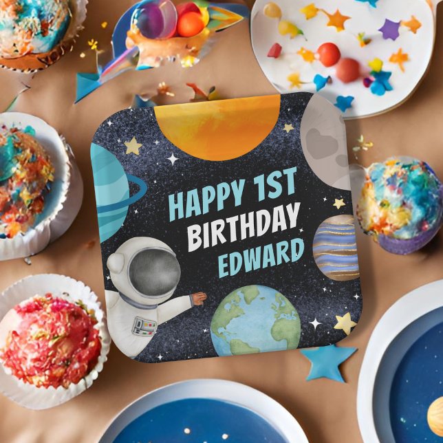 Plato De Papel Boy 1 Happy Birthday Planets Space (Subido por el creador)