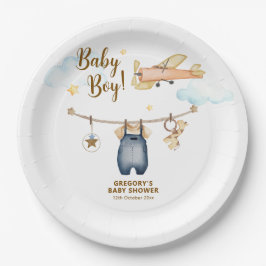 Plato De Papel Boy Adventure Clothesline Airplane Sky Baby Shower