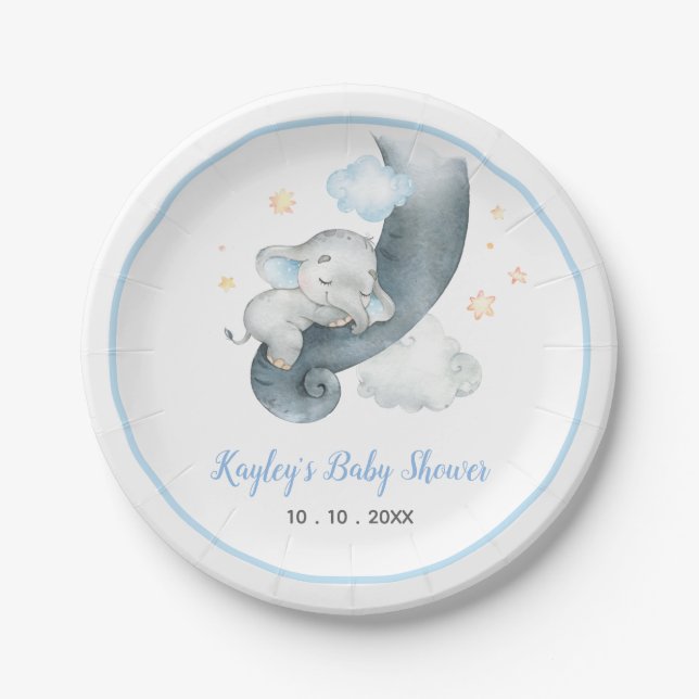 Plato De Papel Boy Baby Elephant Baby Shower (sueño durmiente) (Anverso)