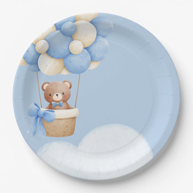 Plato De Papel Boy Baby Shower Bear  Balloon Paper Plate (Anverso)