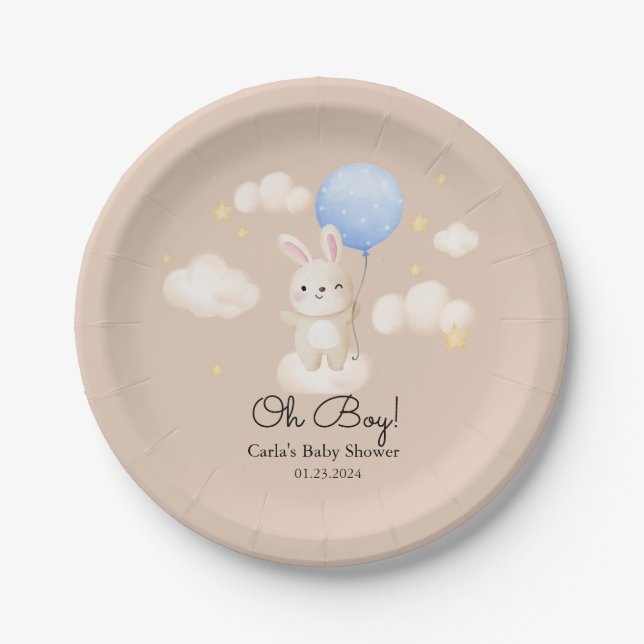 Plato De Papel Boy Balloon Cute Brown Bunny Baby Shower (Anverso)