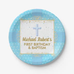 Plato De Papel Boy Baptism 1º cumpleaños Oro Azul Textos Punto de