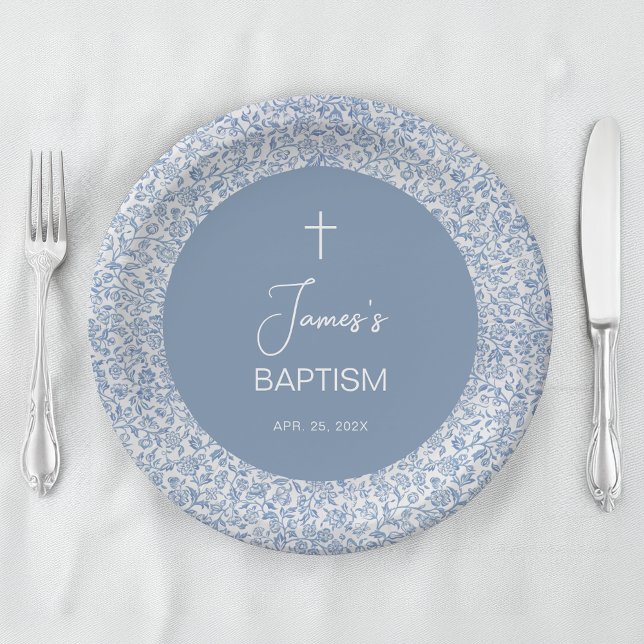 Plato De Papel Boy Baptism Blue White Floral Pattern Christening (Subido por el creador)