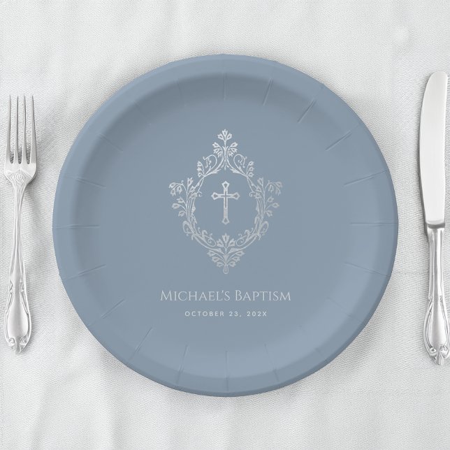Plato De Papel Boy Baptism Dusty Blue Faux Silver Escudo (Subido por el creador)
