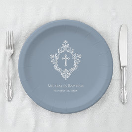 Plato De Papel Boy Baptism Dusty Cruz Blanca Azul Escudo Religios