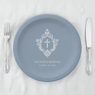 Plato De Papel Boy Baptism Dusty Cruz Blanca Azul Escudo Religios