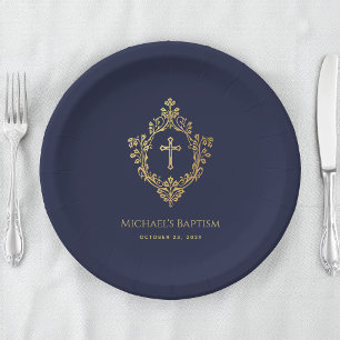 Plato De Papel Boy Baptism Navy Blue Faux Gold Escudo Religioso