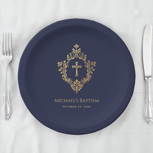 Plato De Papel Boy Baptism Navy Blue Faux Gold Escudo Religioso (Subido por el creador)