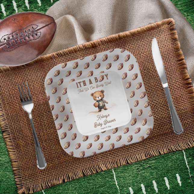 Plato De Papel Boy Bearly Wait American Football Baby Shower (Teddy Bear Boy American Football Baby Shower Square Paper Plate - Bearly Wait Collection)