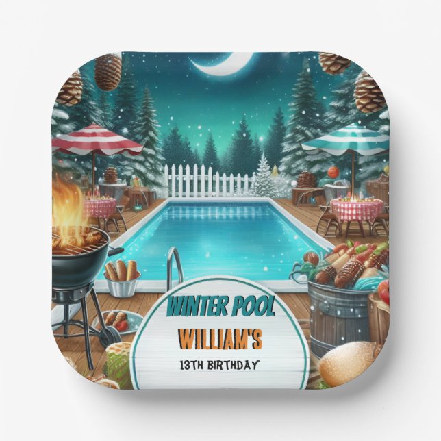 Plato De Papel boy bruh Barbeque Winter Pool Fiesta 13 cumpleaños (Anverso)