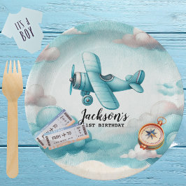 Plato De Papel Boy Cute Blue Airplane Viajes Niños Personalizado 